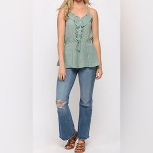 Solid Textured and Button Detail Ruffle Cami Top